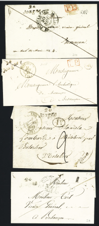 Jougne : 4 lettres avec cursive "24 Jougne" + CAD Pontarlier (2 diff), Salins et Pontarlier, ind 10 chaque. TB