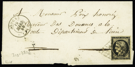 N°3 OBL grille + T15 Jougne (1850) sur lettre avec au verso cursive "1 St Germain de Joux". Signé Calves, ind 19. TB