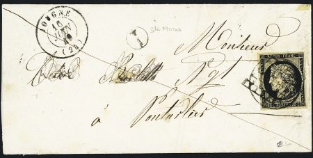 N°3 OBL grille et T15 Jougne (1849) superposés + CAD idem, sur lettre, nom du destinataire rayé, signé Calves, ind 19, TB