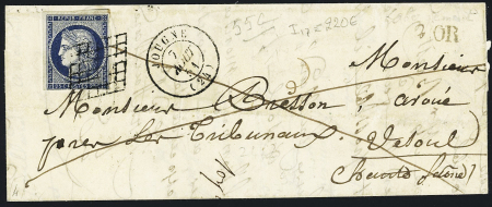 N°4, touché, OBL grille + T15 Jougne (1851) sur lettre, frappes TB, ind 17