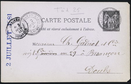 Labergement Sainte Marie : entier carte postale OBL CAD perlé type 25 (seulement 3 en usage dans le Doubs) sur entier carte postale 10c Sage. TB