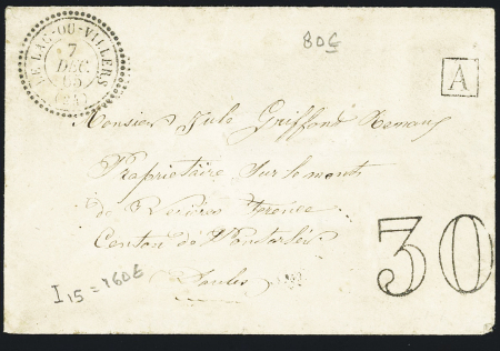 Le Lac ou Villers - LST avec CAD perlé T22 "Le Lac ou Villers" (1865) + taxe 30 doule-trait. TB