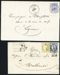 Laissey - 2 lettres N°55 + 60 OBL losange de points "BP" + CAD conv. Station "Laissey B.BES" (1875) et n°78 OBL CAD conv. Sta "Laissey B.BES" (1876), ind 14 chaque. TB