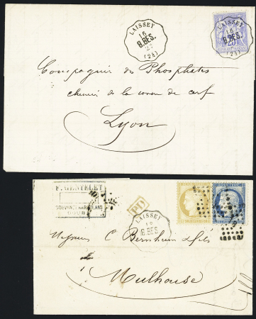 Laissey - 2 lettres N°55 + 60 OBL losange de points "BP" + CAD conv. Station "Laissey B.BES" (1875) et n°78 OBL CAD conv. Sta "Laissey B.BES" (1876), ind 14 chaque. TB