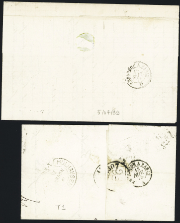 Laissey - 2 lettres N°55 + 60 OBL losange de points "BP" + CAD conv. Station "Laissey B.BES" (1875) et n°78 OBL CAD conv. Sta "Laissey B.BES" (1876), ind 14 chaque. TB