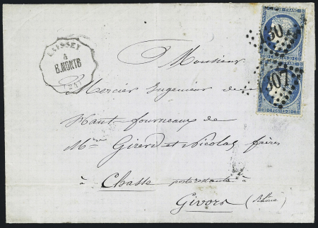 N°37, 2 pièces OBL GC 1307 + CAD conv. Sta "Laissey B.MONTB" (1871) sur lettre, ind 15. TB