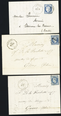 3 lettres avec CAD conv. Station "Laissey M.BES" (2) et "Laissey BES.M" (&), ind 13 et ind 15 (2). TB