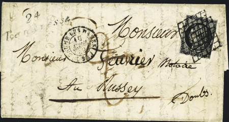 N°3 OBL  grille doublée + cursive "24 Landresse" (frappe B) + T15 Baume les Dames (1849), sur lettre, ind 24. RR