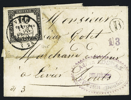Timbre-taxe n°1, 10c Lithographié, OBL T15 Levier (1859) sur lettre (le fragment supportant le timbre a été décollé pour expertise), signé Calves, cote 850€