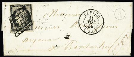 N°3 OBL grille + T15 Levier (1849) + boite rurale A de Villeneuve d'Amont sur une petite lettre, ind 18, signé Calves. TB