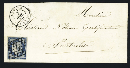 N°4 OBL grille + T15 Levier (2.7.1850 - 2ème jour de tarif) sur lettre, ind 16, signé Calves. TB