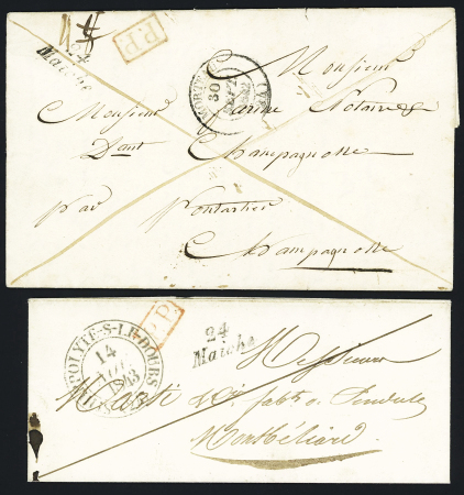 Maiche : 2 LST avec cursive "24 Maiche" + T13 "St Hippolyte-s-le-Doubs" (1843) et T14 Morteau (1842), ind 12 chque. TB