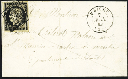 N°3 OBL grille + T15 Maiche (7 avril 49) sur lettre, ind 16. TB