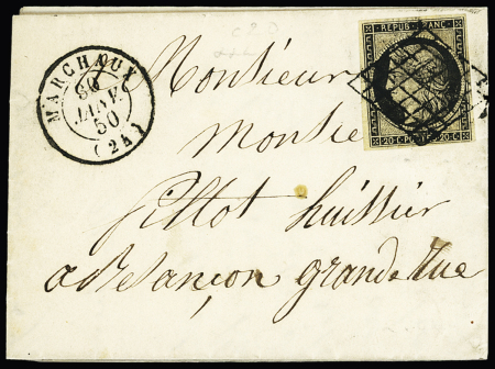 N°3 OBL grille + T15 "Marchaux" (1850) sur une petite lettre, ind 20. TB