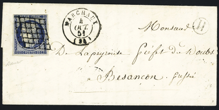 N°4 OBL grille + T15 "Marchaux" (4 oct 51) sur une petite lettre, ind 18. TB