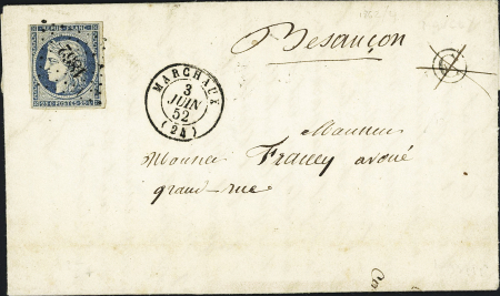 N°4 OBL PC 1862 + T15 "Marchaux" (1852) sur lettre avec boite rurale G de Moncey. TB