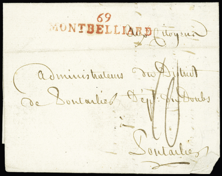 MP rouge "69 Montbelliard" (52x10mm - 1794), ind 21. TB