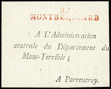 MP rouge "87 Montbélliard" (64 x 11mm - 1797), ind 23. TB