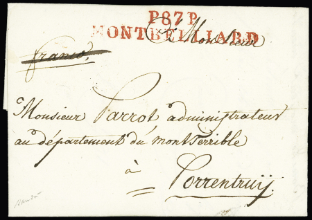 MP rouge "P 87 P Montbelliard" (64 x 11mm - 1797, connu seulement cette année là). Très jolie pièce RRR, ind 31. TB