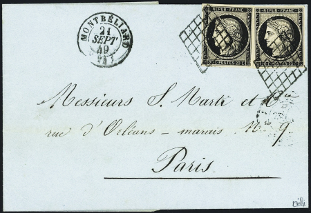 N°3 en paire OBL grille + T15 Montbeliard (21 sept 49) sur lettre. TB