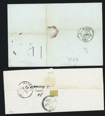 2 lettres - n°4, 2 pièces OBL PC 2190 + T15 Montbéliard (24 janv 52) et n°4 OBL PC 2190 + T15 Montbéliard (16 mars 1852) sur lettre avec au verso cursive "24 Cour St Maurice" en arrivée. TB