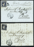 2 lettres AFF n°4 OBL grille + T15 "Montbéliard" (8 aout et 25 sept 1851) dont l'une avec mention manuscrite "timbre insuffisant + taxe 25 double-trait), ind 12 chaque. TB