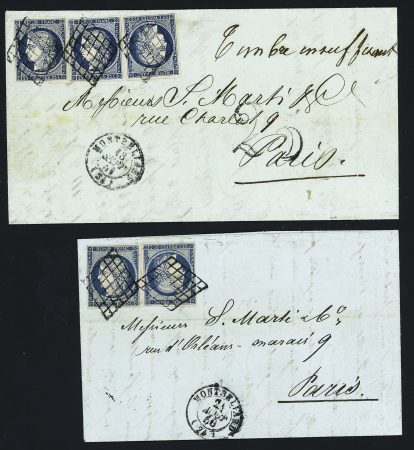 2 lettres : l'une AFF n°4, 2 pièces, l'uatre AFF n°4, 3 pièces OBL grille, OBL grille + T15 "Montbéliard" (13 et 21 aout 1851) dont l'une avec double-trait. TB lot