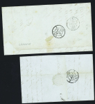 2 lettres : l'une AFF n°4, 2 pièces, l'uatre AFF n°4, 3 pièces OBL grille, OBL grille + T15 "Montbéliard" (13 et 21 aout 1851) dont l'une avec double-trait. TB lot