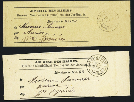 2 bandes idem avec CAD 2 cercles noirs "Journaux Montbéliard PP" (1887, 1 faible et 1 TB) et 1 bande avec CAD de Pontarlier + franchise violette "Sous-Prefet de Pontarlier". TB