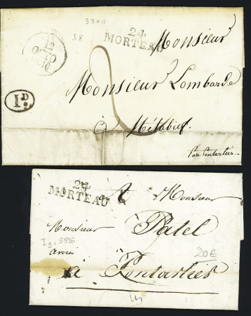Morteau - 2 lettres avec MP "24 Morteau" (33 x 11mm - 1825 et 1830 dont l'une avec décime rural), ind 9 chaque. TB