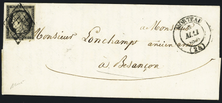N°3, nuance gris noir OBL grille + T14 Morteau (3 fev 1849) sur lettre, signé Calves, ind 21. TB