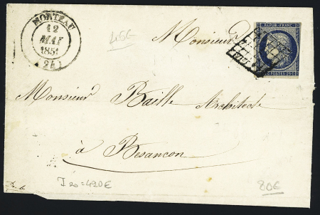N°4 touché à droite, OBL grille + T14 Morteau (12 mai 1851) sur lettre, ind 20. TB