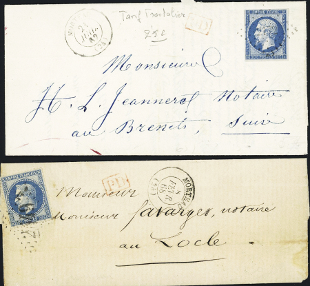 2 lettres de Morteau OBL PC 2172 et GC 2549 au tarif frontalier pour Le Locle (Suisse). TB