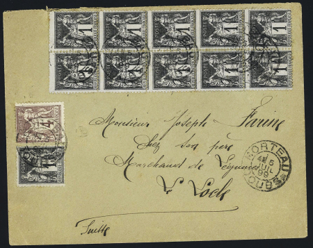 N°83 1c Sage, bloc de 10 + 1 pièce + n°88 OBL CAD "Morteau Doubs" (1899) sur lettre pour Le Locle (Suisse) au tarif frontalier. Spectaculaire. TB