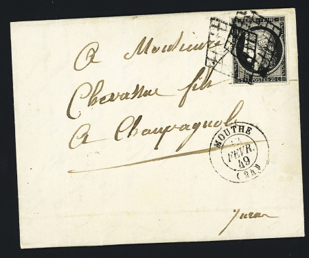 N°3 OBL grille + T15 Mouthe (1849) sur lettre, ind 18. TB