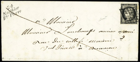 N°3 (LD) OBL grille + cursive "24 Mouthier Hte Pierre" sur lettre, ind 22. TB