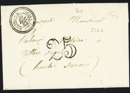 LST avec CAD perlé T22 "Mouthier Hte Pierre" (1853) + taxe 25 double-trait + boite rurale E d'Arc sous Cicon, ind 19. TB