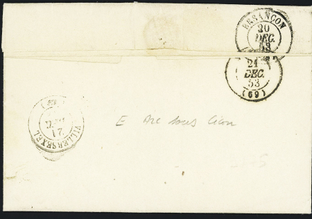 LST avec CAD perlé T22 "Mouthier Hte Pierre" (1853) + taxe 25 double-trait + boite rurale E d'Arc sous Cicon, ind 19. TB