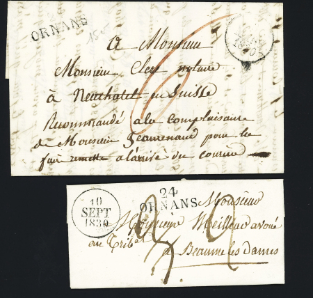 Ornans : 4 lettres avec MP "24 Ornans" (28 x 11mm - 9 mars et 10 sept 1830 et 25 x 7mm noire an 10 et rouge 1815), ind 7 (2), ind 8 et ind 14. TB