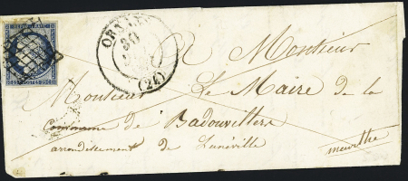 N°4 OBL grille + T13 Ornans (1851) sur lettre, ind 15. TB