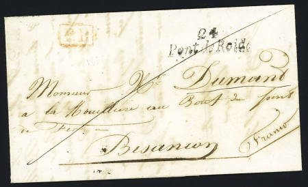 Pont de Roide : lettre avec cursive "24 Pont de Roide" + "PP" rouge encadré (1838), ind 16. TB