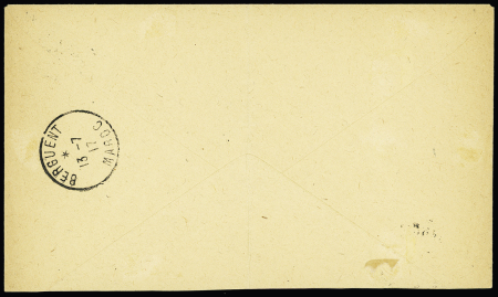 Rare utilisation d'un timbre taxe n°20 coupé en deux sur lettre d'Oudja 1917 pour Berguent (Maroc) avec n°41, plus lettre de Berguent pour Oujda avec Taxe en surcharge manuelle (pénurie de tampon), TB, R