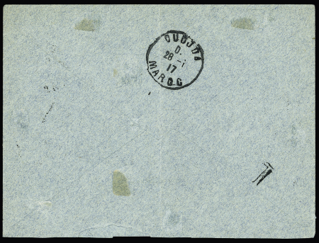 Rare utilisation d'un timbre taxe n°20 coupé en deux sur lettre d'Oudja 1917 pour Berguent (Maroc) avec n°41, plus lettre de Berguent pour Oujda avec Taxe en surcharge manuelle (pénurie de tampon), TB, R