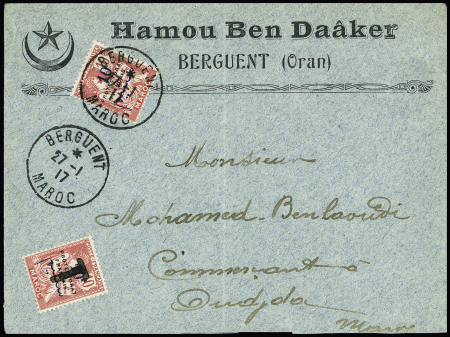 Rare utilisation d'un timbre taxe n°20 coupé en deux sur lettre d'Oudja 1917 pour Berguent (Maroc) avec n°41, plus lettre de Berguent pour Oujda avec Taxe en surcharge manuelle (pénurie de tampon), TB, R