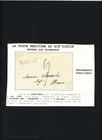 Lettre de Pondichéry pour Le Havre avec MP d'entrée "colonies par Paimboeuf" (1825) (Salles n°62), ind 18. TB