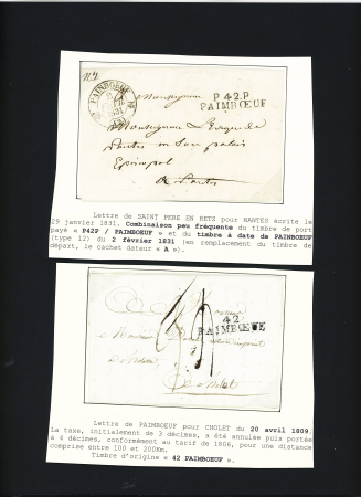 2 lettres : MP "42 Paimboeuf" (53 x 12mm - ind 12 - 1809) et bonne association T12 "Painboeuf (42)" (1831) + MP "P 42 P Paimboeuf". TB