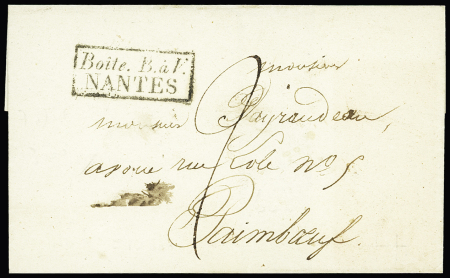 Lettre de Nantes pour Paimboeuf avec marque encadrée "Boite B à V" avec arrivée au verso T12 "Painboeuf" (2 nov 1836) (1ère date connue) (Salles n°401A qui signalait cette marque comme inconnue mais possible), ind 