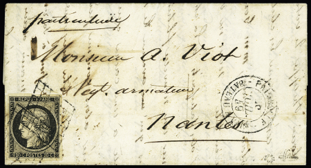 N°3 OBL grille + T15 "Paimboeuf BATEAU A VAPr" (26 juillet 1849) sur lettre pour Nantes. Non signalé avec Cérès par Pothion. Pièce probablement unique. TB