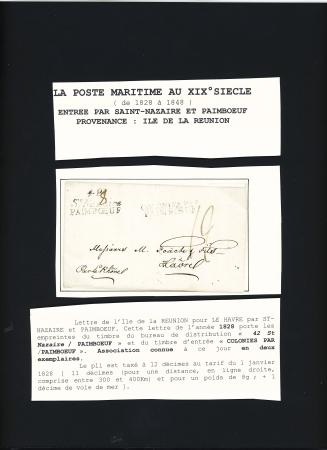 Lettre de la Réunion pour le Havre avec entrée double cursive "42 St Nazaire Paimboeuf" + MP "colonies par Paimboeuf" (1828 - Salles n°62), association exceptionnelle connue à 2 exemplaires. TB