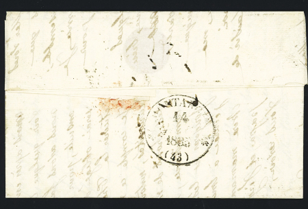Lettre écrite à bord de de "La jeune Céline" en rade de Saint-Pierre (Martinique) pour Montargis, avec CAD d'entrée T12 "Painboeuf" (1835) + marque encadrée "Pays d'Outremer" et taxe manuscrite 8 (Salles n°107), in